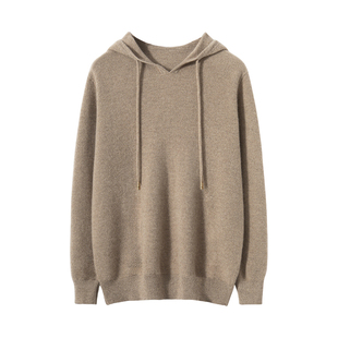 男士秋冬纯色带帽连帽衫宽松卫衣100%纯山羊绒衫针织衫打底衫毛衣