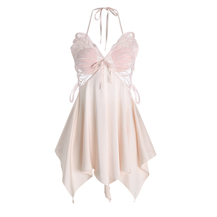 郑大嘻 纯爱小蛮腰·性感女睡衣冰丝吊带蝴蝶睡裙高级蕾丝带胸垫