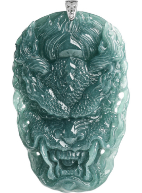 天然A货翡翠蓝水冰种龙牌吊坠