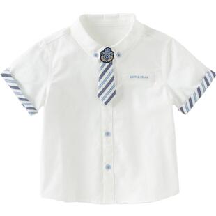 戴维贝拉男童纯棉衬衫2026夏装新款中大童白色衬衣儿童短袖上衣