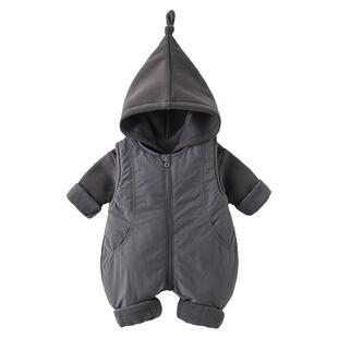 婴儿冬装衣服男宝宝女秋冬夹棉连体衣加厚新生儿棉服爬服分体套装