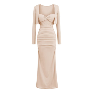 liviahome 纯欲风抽褶胸垫吊带连衣裙开衫两件套包臀显胸气质长裙