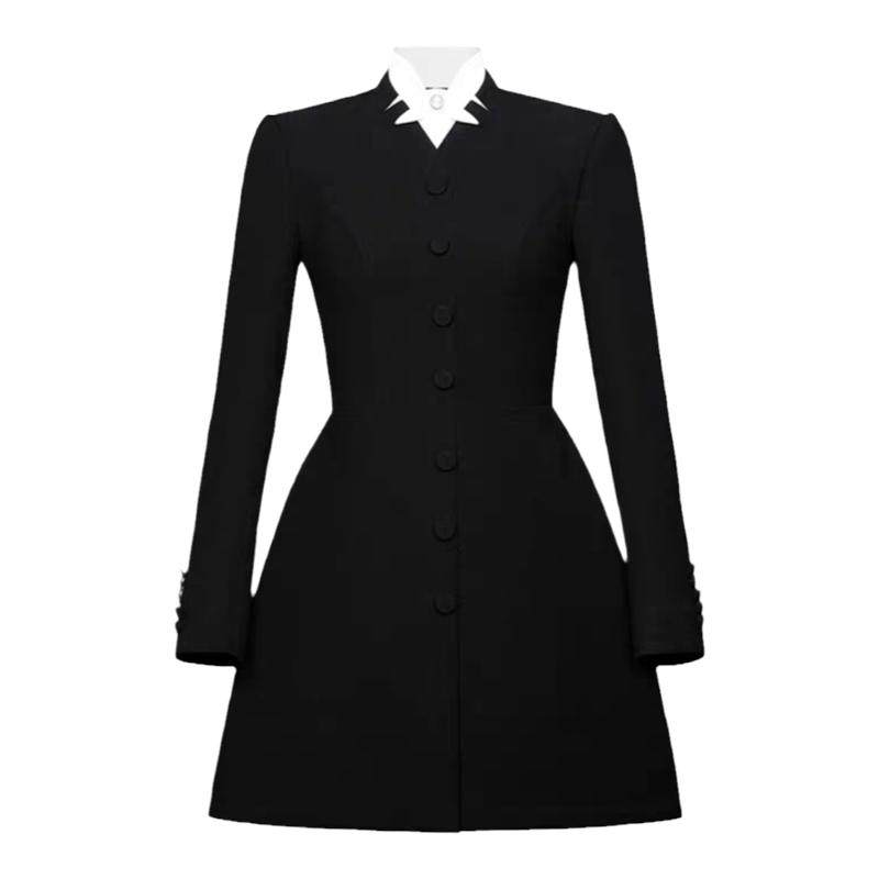 越南设计师新款小众立领复古气质a字小黑裙收腰显瘦连衣裙女通勤