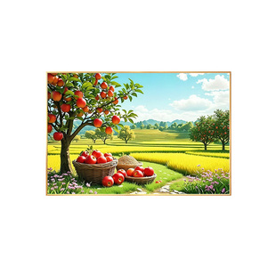 田园风景客厅装饰画柿柿如意寓意好餐厅挂画金色稻田大丰收墙壁画