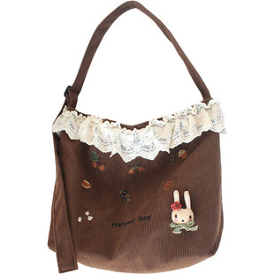 偶然包铺 原创田园森系少女刺绣花边灯芯绒甜美可爱斜挎包单肩包