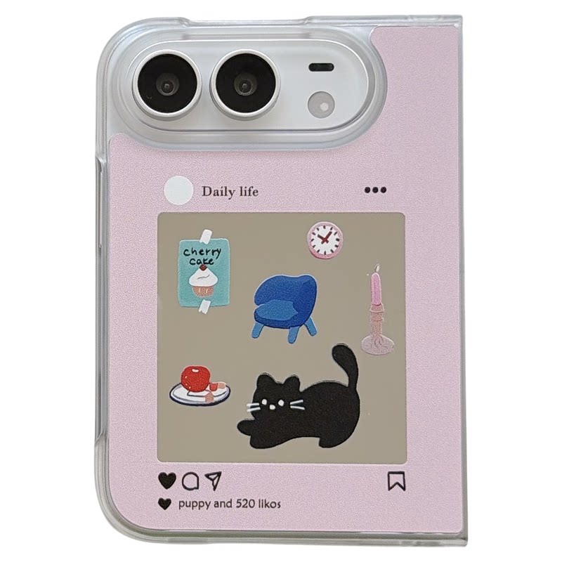 MoreRex日韩粉色镜面相框猫咪插画适用苹果Duo手机壳折叠屏iphone Duo中轴保护新款创意duo防摔保护套DUO女款