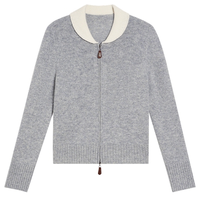 YINER音儿专选2025冬季新款法式复古撞色翻领双头拉链羊毛针织衫