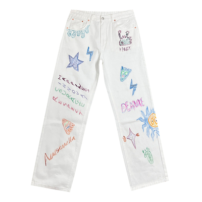 欧美街头风趣味印花涂鸦白色直筒牛仔裤男款潮牌痞帅阔腿微垮长裤