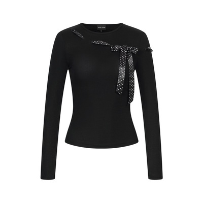 复古波点蝴蝶结装饰黑色修身长袖