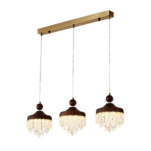 法式中古风水滴餐厅吊灯三头长盘吧台复古胡桃木色吊线灯护眼灯具