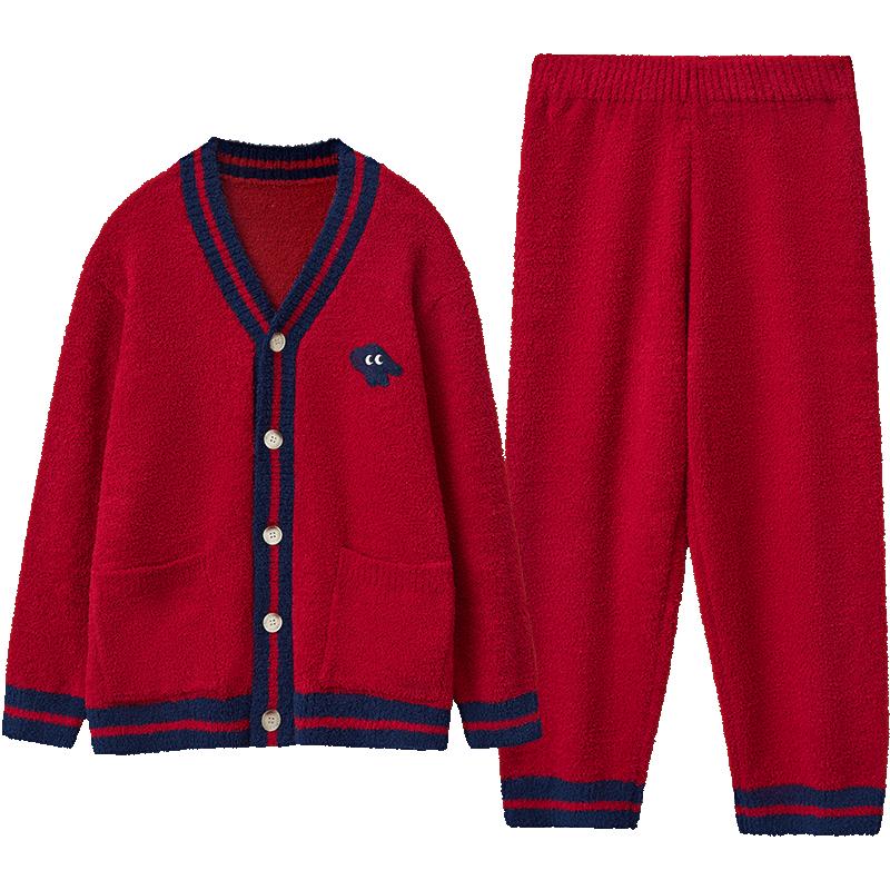 红豆绒红色情侣睡衣半边绒抗静电秋冬开衫结婚嫁娶本命年女可外穿