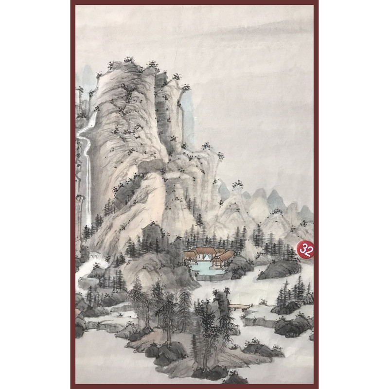 手工绘制中式山水国画水流树小屋山石风景画复古手绘装饰画国画