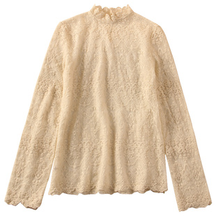 白色半高领高档蕾丝打底衫女内搭新款花边洋气镂空透视网纱上衣女
