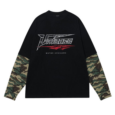 OVDY假两件迷彩长袖复古t恤男