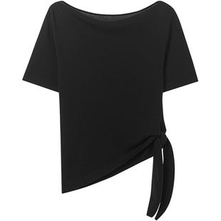 衣香丽影黑色一字领短袖针织衫女2025年秋冬装新款不规则下摆上衣