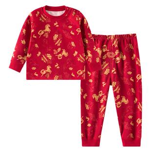 欧孕儿童秋衣秋裤红色纯棉马年秋冬男女宝宝新年分体保暖内衣套装