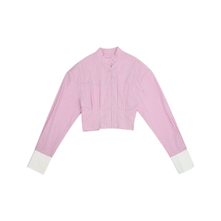 哟酷酷（罗曼蒂克）春秋美式复古正肩衬衣女短款收腰条纹衬衫上衣