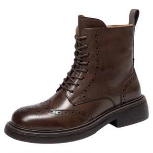 BeauToday棕色马丁靴女款2025新款英伦风厚底系带短靴BT黑色靴子