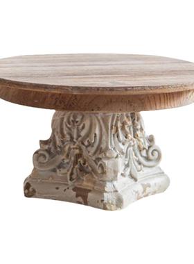 实木圆形复古摆件托盘托架工艺品