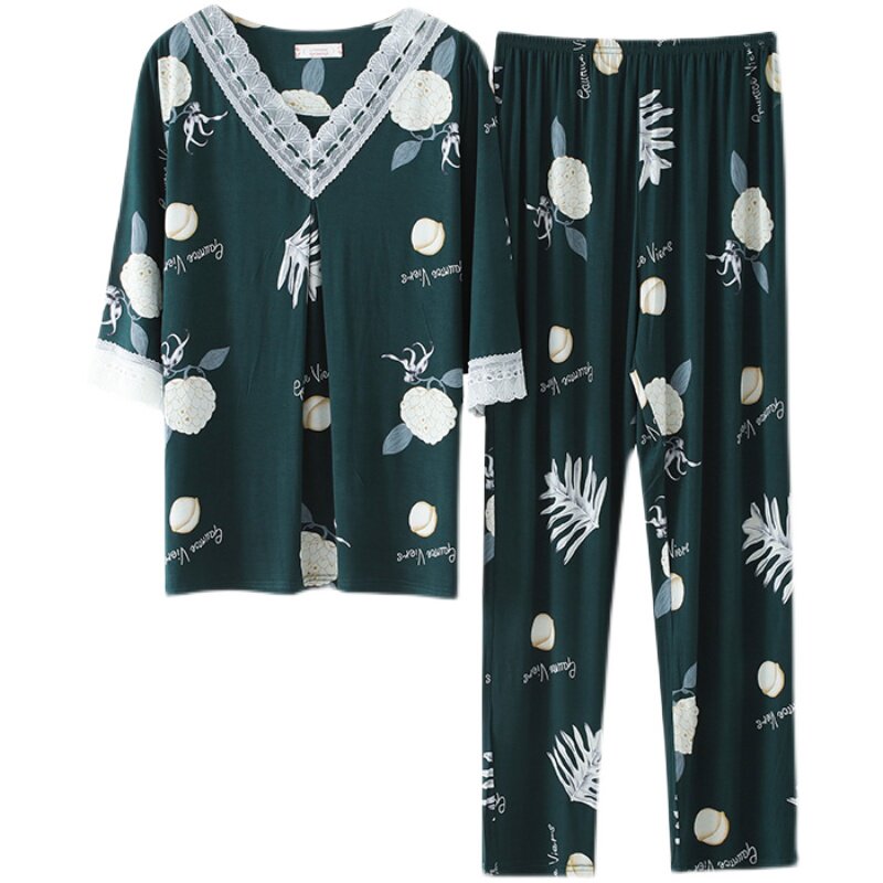 睡衣女春秋长袖莫代尔棉薄款冰丝七分袖春夏季中年妈妈家居服套装