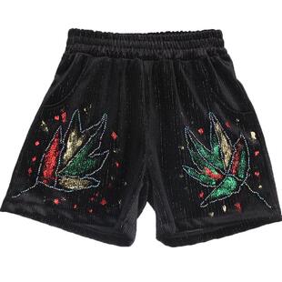 欧洲站亮片短裤女新款重工外穿高档金丝绒休闲A字宽松靴裤潮阔腿