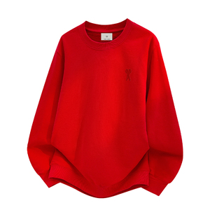 Ami iepo官方红色圆领卫衣男女情侣款秋冬季美式宽松百搭套头上衣