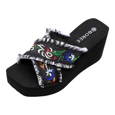 宝人织带厚底坡跟拖鞋