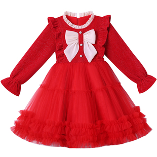 女童连衣裙冬季裙子2025新款秋冬裙儿童冬装小女孩加绒红色公主裙