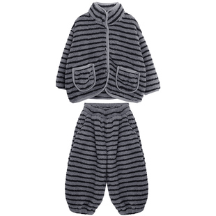 积木城堡男童家居服冬季新款中小童儿童韩系条纹珊瑚绒睡衣两件套