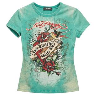 Ed Hardy埃德哈迪2025春季新款拔印烫钻女士圆领正肩修身短袖T恤