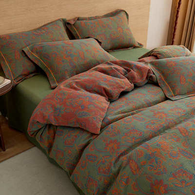 复古色织提花全棉双层纱被套单件母婴A类双面纯棉纱布被罩三件套