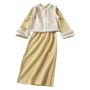 忆南栀新中式旗袍黄色秋冬马甲套装加绒加厚修身日常可穿素雅过冬