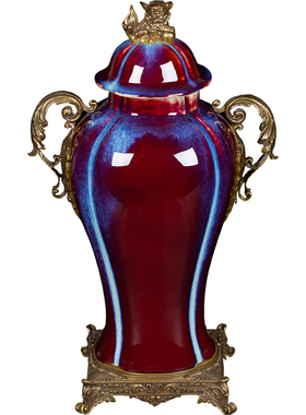 贵夫人铜镶瓷窑变红色釉配铜雄狮子滚绣球卷草将军罐景德镇瓷摆件