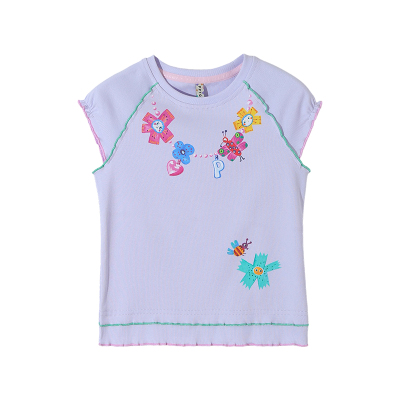 女童T恤印花无袖上衣木耳边打底