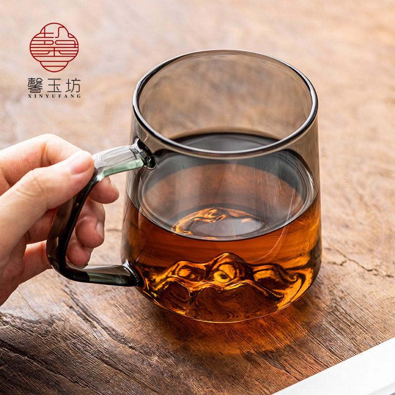 日式玻璃茶杯带把手咖啡杯耐高温大容量喝水杯子创意观山底绿茶杯