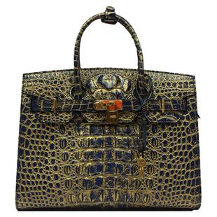 新款潮流百搭泰国鳄鱼皮女包时尚铂金包简约手提包宴会鎏金黑色