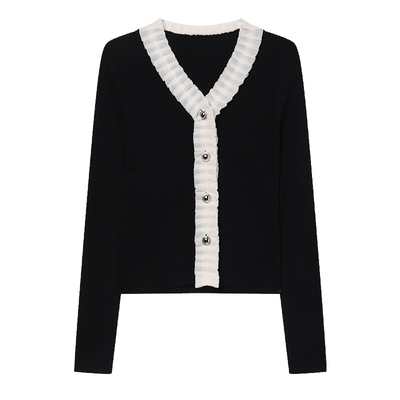 白鹿语单排扣V领撞色拼接针织衫