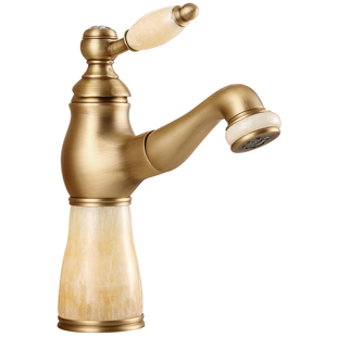 女皇世家法式复古黄铜玉石抽拉式面盆水龙头仿古卫生间冷热洗脸盆