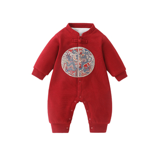 婴儿过年喜庆衣服冬装加厚夹棉连体衣初生宝宝棉服新生儿外出哈衣