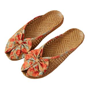 新款夏季藤草编织亚麻拖鞋女韩版蝴蝶结包头凉席竹编拖鞋居家清凉