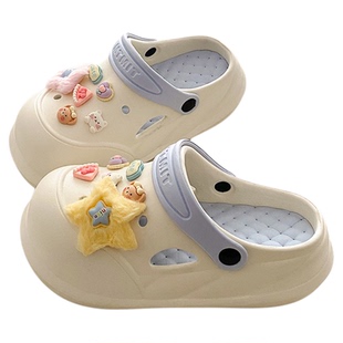 厚底可拆卸eva洞洞鞋女2025夏季防滑外穿可爱蓝毛绒星包头拖鞋女