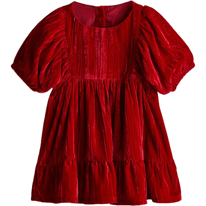 HM童装女婴红色连衣裙新年压褶天鹅绒新年礼服公主裙1253319