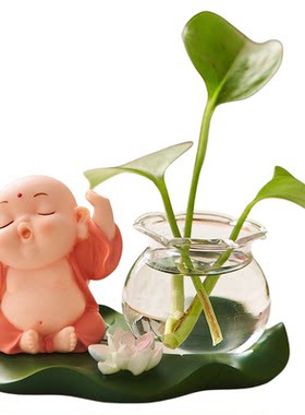 弥勒佛摆件玻璃水培小花瓶绿萝仿真绿植办公室桌面工位改造小物件