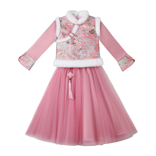 女童汉服古装古筝儿童演出服喜庆小学生服装秋冬装加绒冬季国学