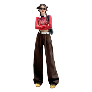 KRO深咖色休闲牛仔裤女2025褶皱设计秋季宽松显瘦高腰阔腿拖地裤