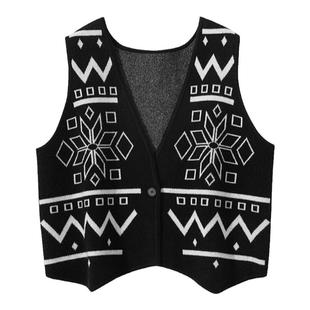 2025秋冬重工提花V领100纯山羊绒马甲女开衫撞色毛衣坎肩针织外套