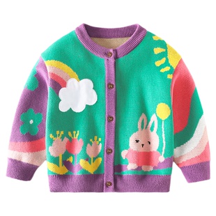 女童花朵小兔子毛衣2宝宝2秋冬装3岁4婴幼儿童彩虹开衫毛线衫外套