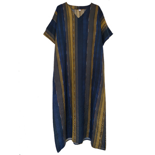 2024夏新款薄棉麻印花V领竖条纹宽松大码显瘦文艺复古连衣裙女装