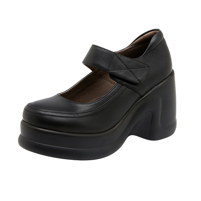 新款气质魔术贴真皮高跟单鞋女