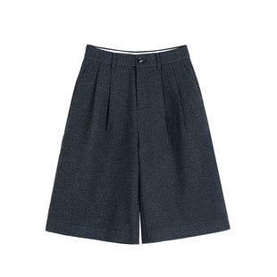 pusumede 不期而遇 灰色高腰毛呢西装五分裤女慵懒宽松休闲阔腿裤